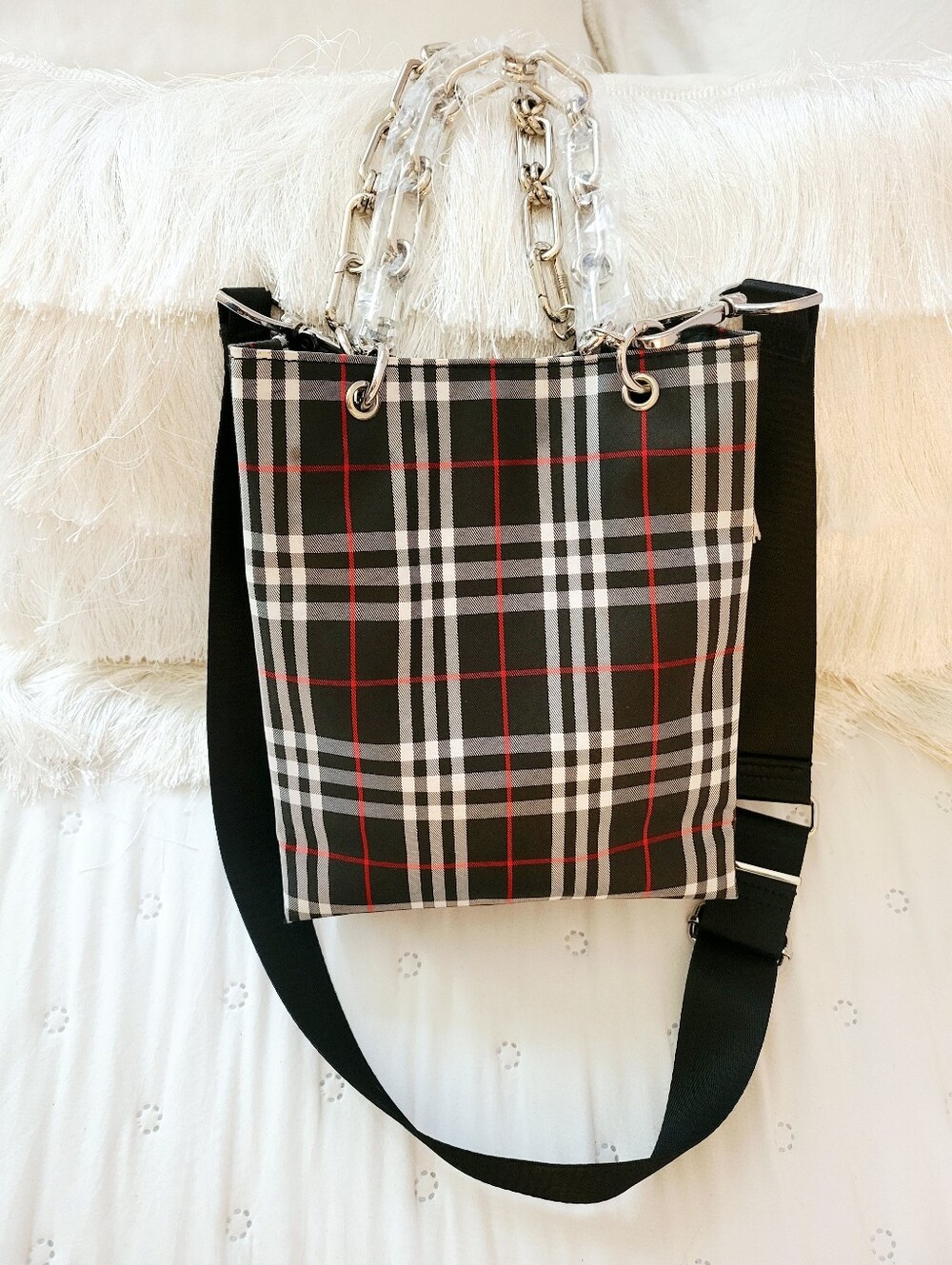 Vintage Burberry London Nova Check Tote Bag Black Red Plaid 2 Way Mini Tote